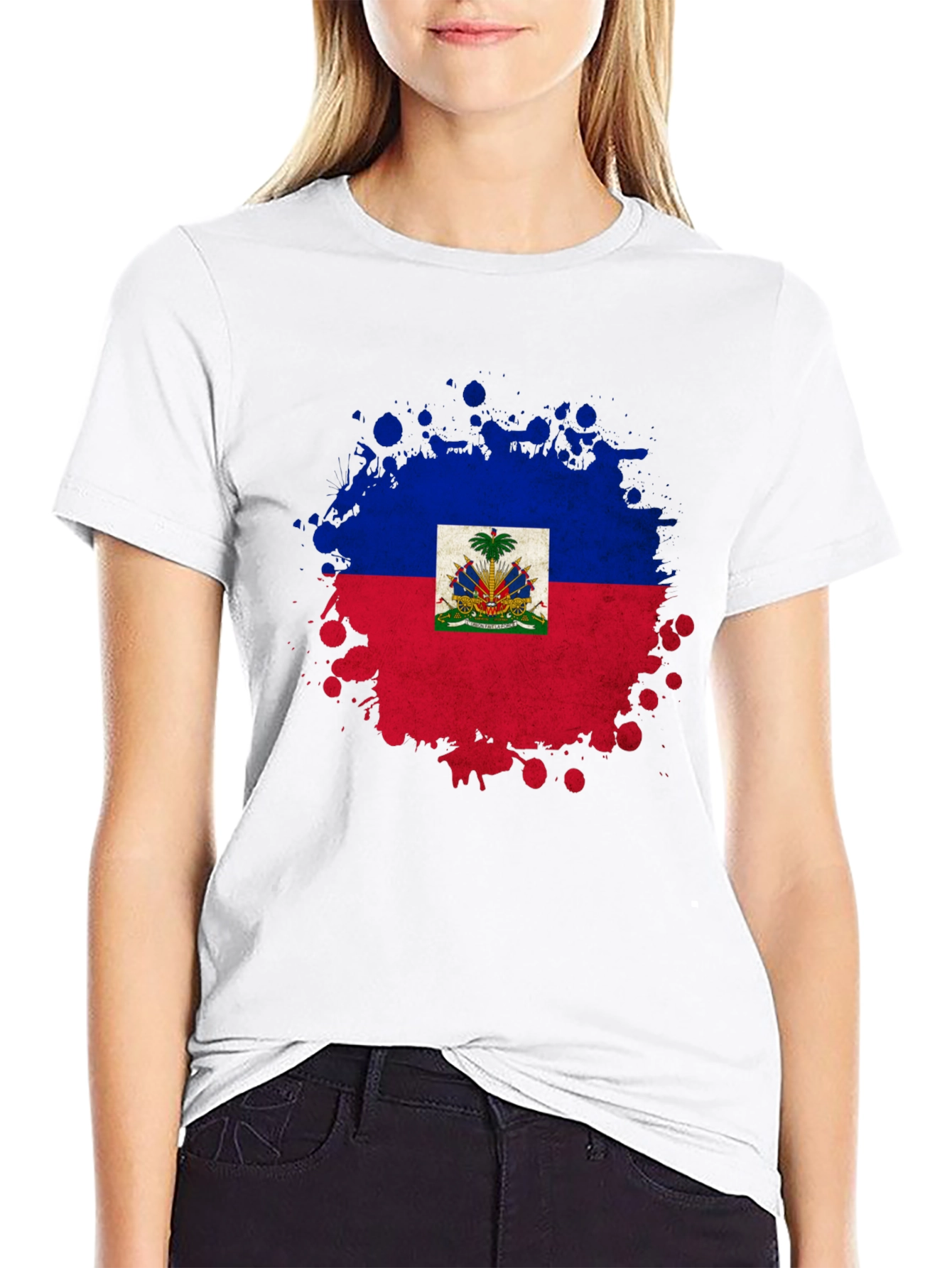 Haiti Flag Splatter Print Black T-Shirt