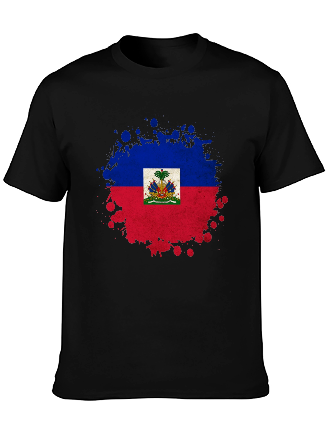 Haiti Flag Splatter Print Black T-Shirt