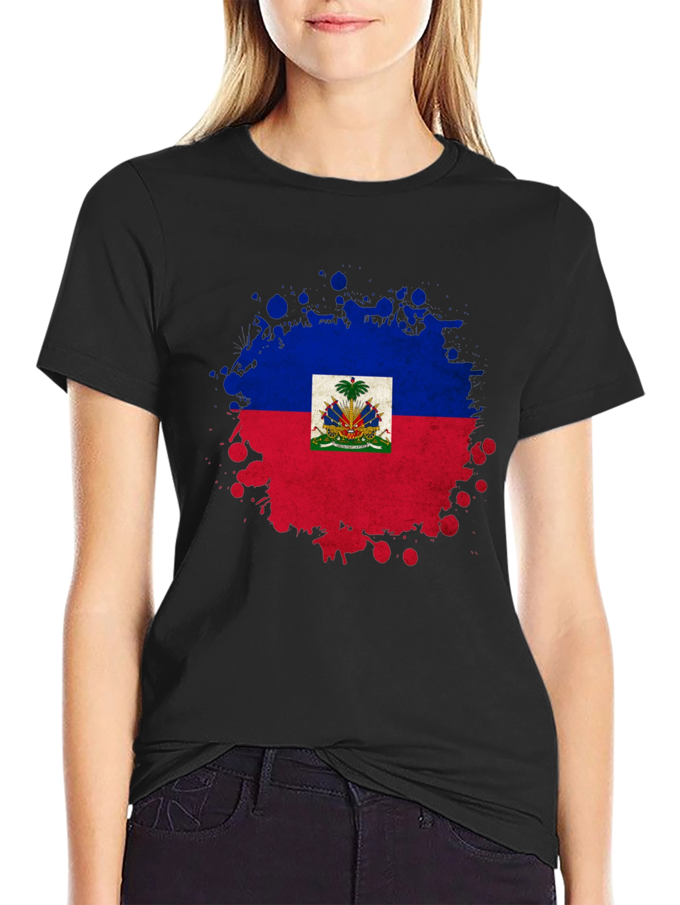 Haiti Flag Splatter Print Black T-Shirt