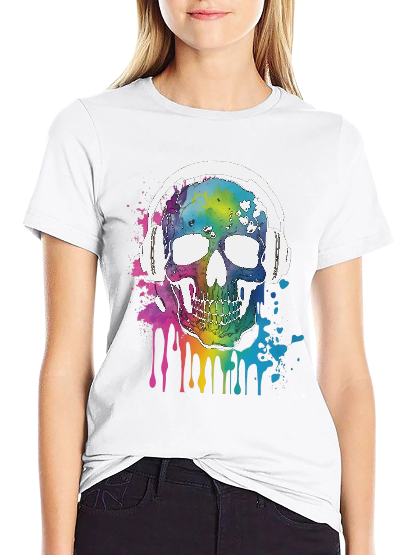 Rainbow Skull Headphones Graphic Tee - Music Lover