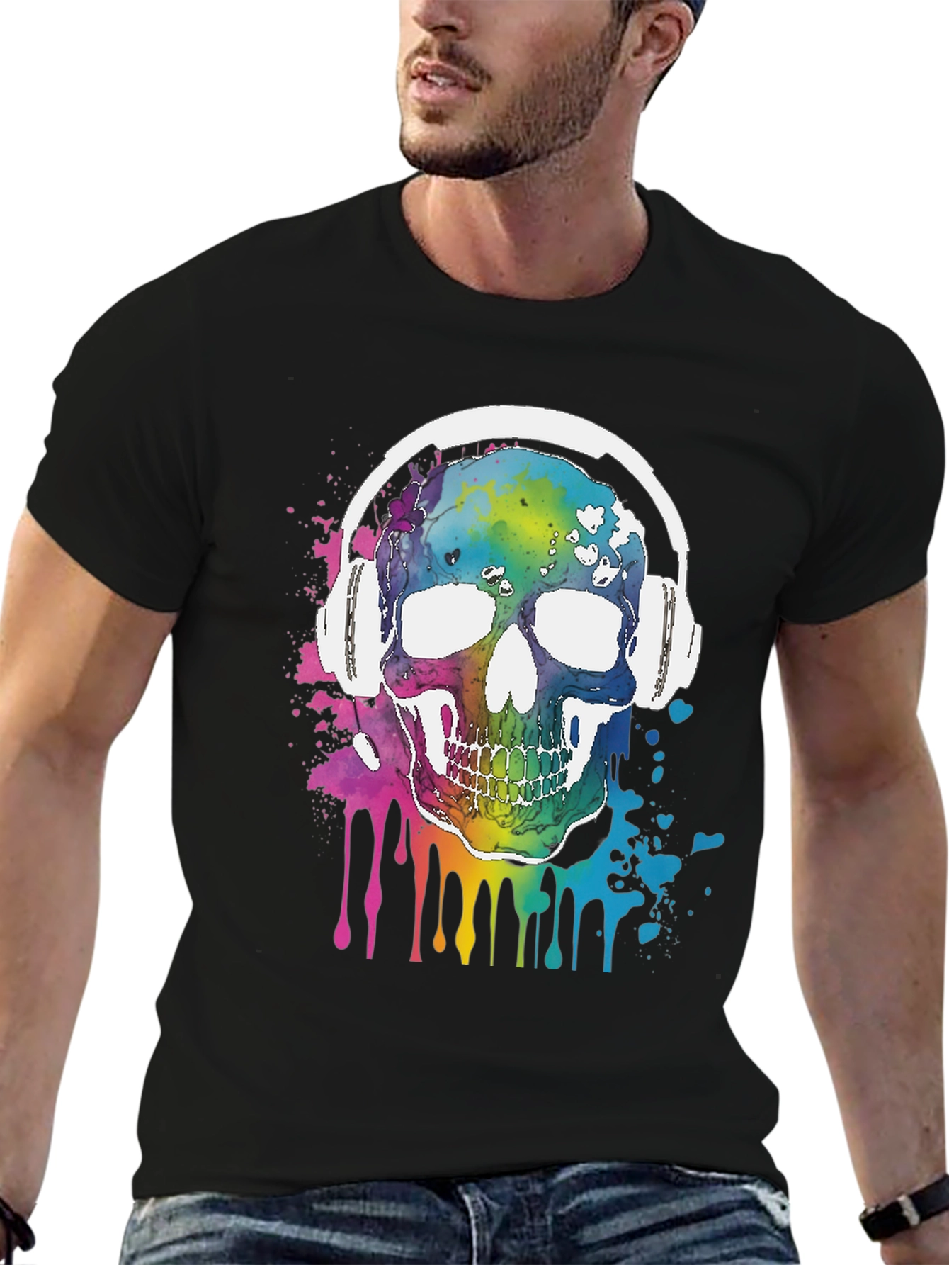 Rainbow Skull Headphones Graphic Tee - Music Lover