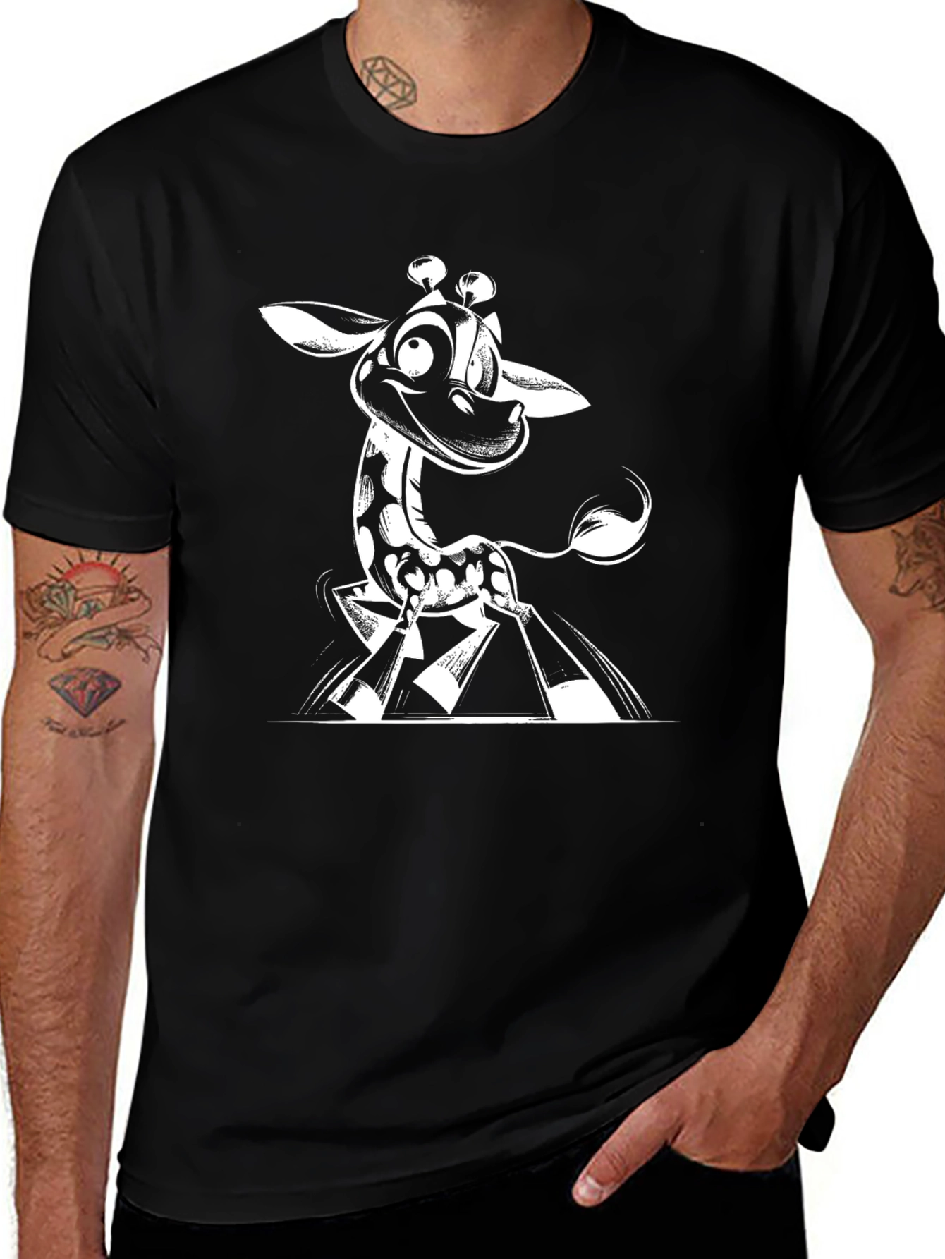 Cartoon Giraffe Graphic Tee - Black