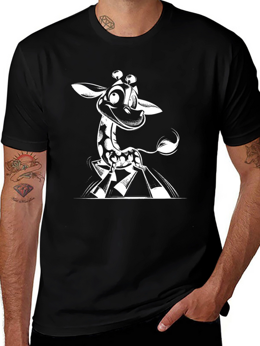 Cartoon Giraffe Graphic Tee - Black