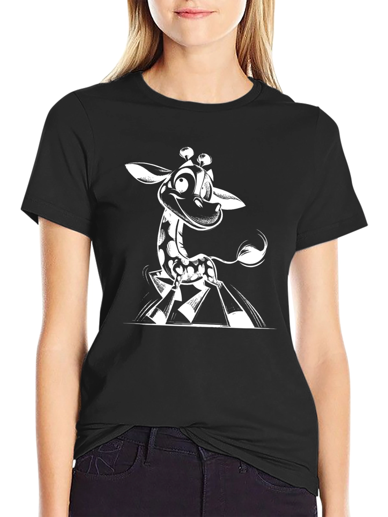 Cartoon Giraffe Graphic Tee - Black