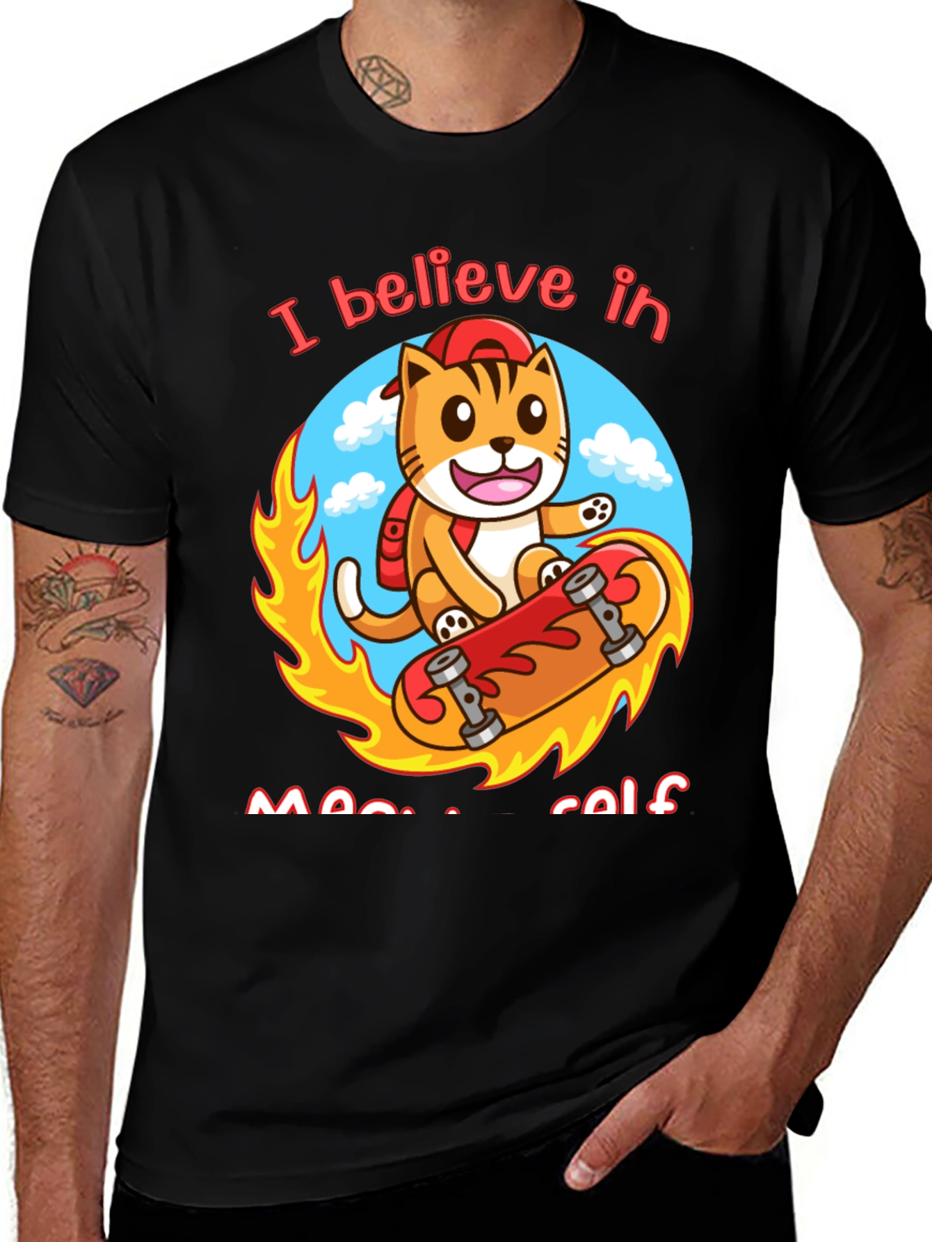 Believe in Meowself T-Shirt - Cute Cat Skateboard Design
