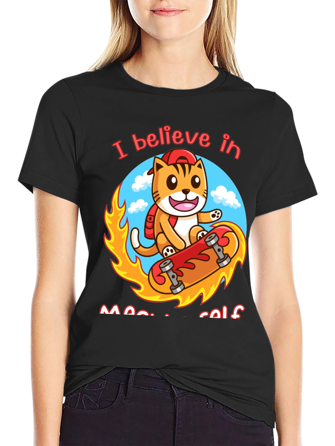 Believe in Meowself T-Shirt - Cute Cat Skateboard Design