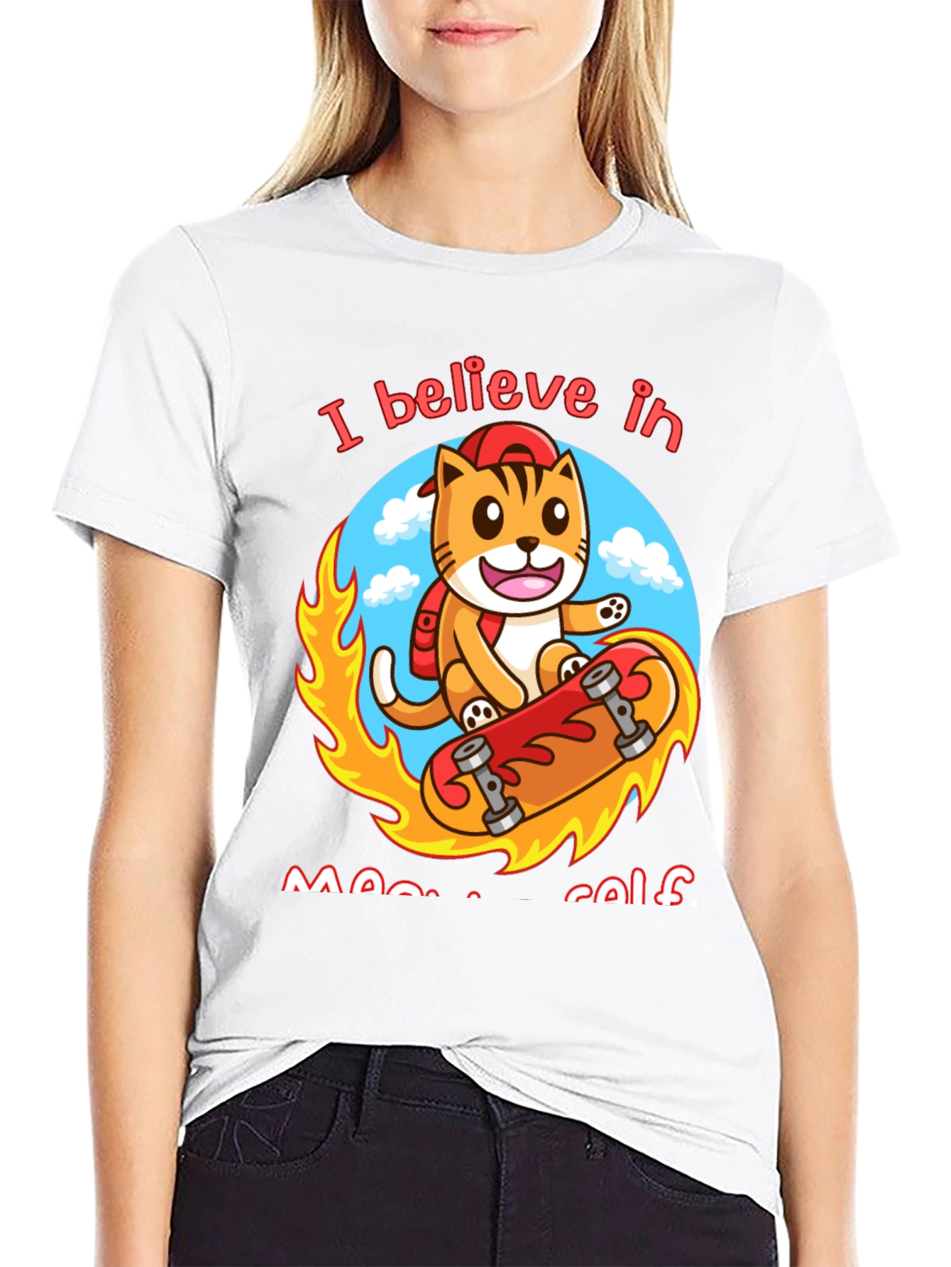 Believe in Meowself T-Shirt - Cute Cat Skateboard Design
