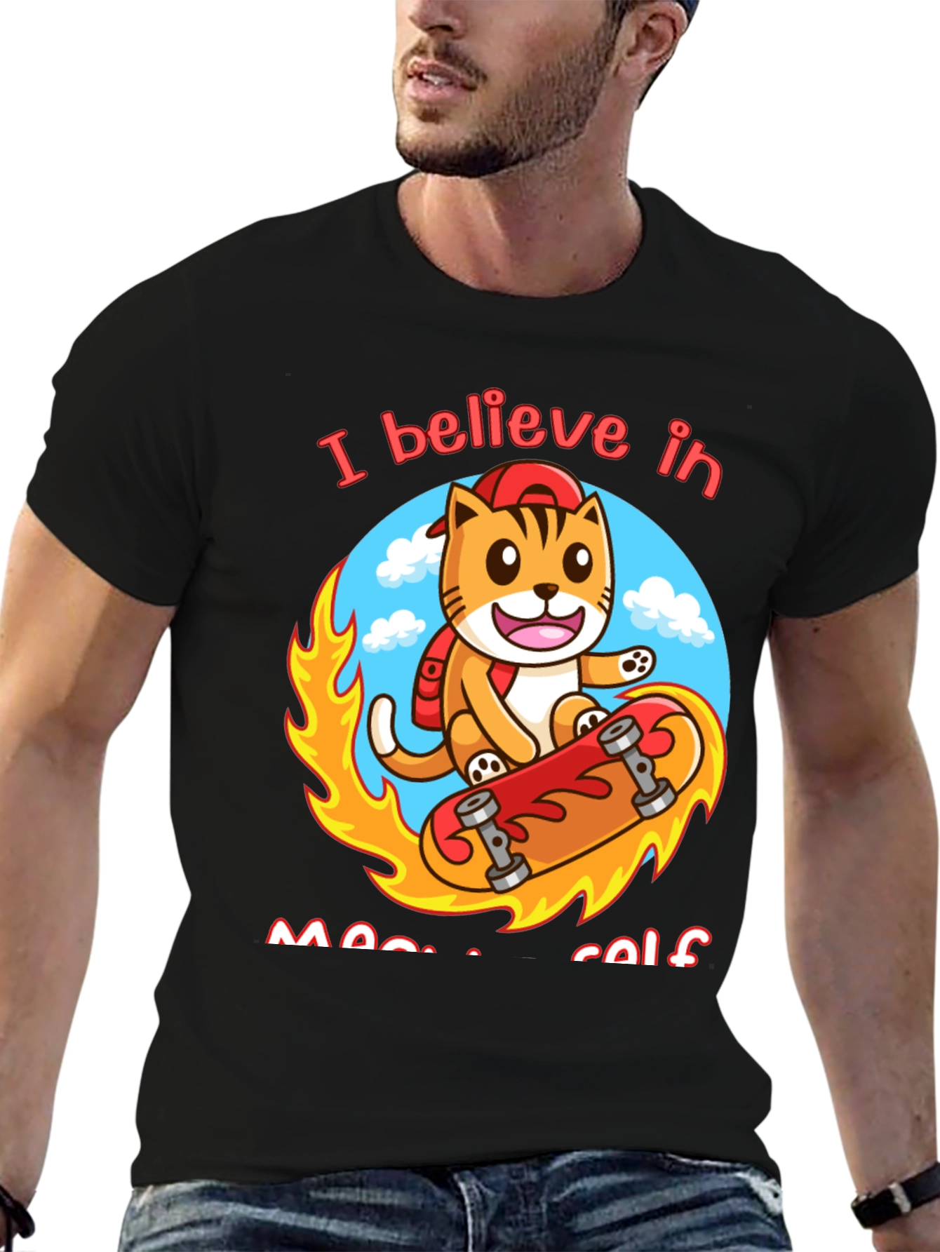 Believe in Meowself T-Shirt - Cute Cat Skateboard Design