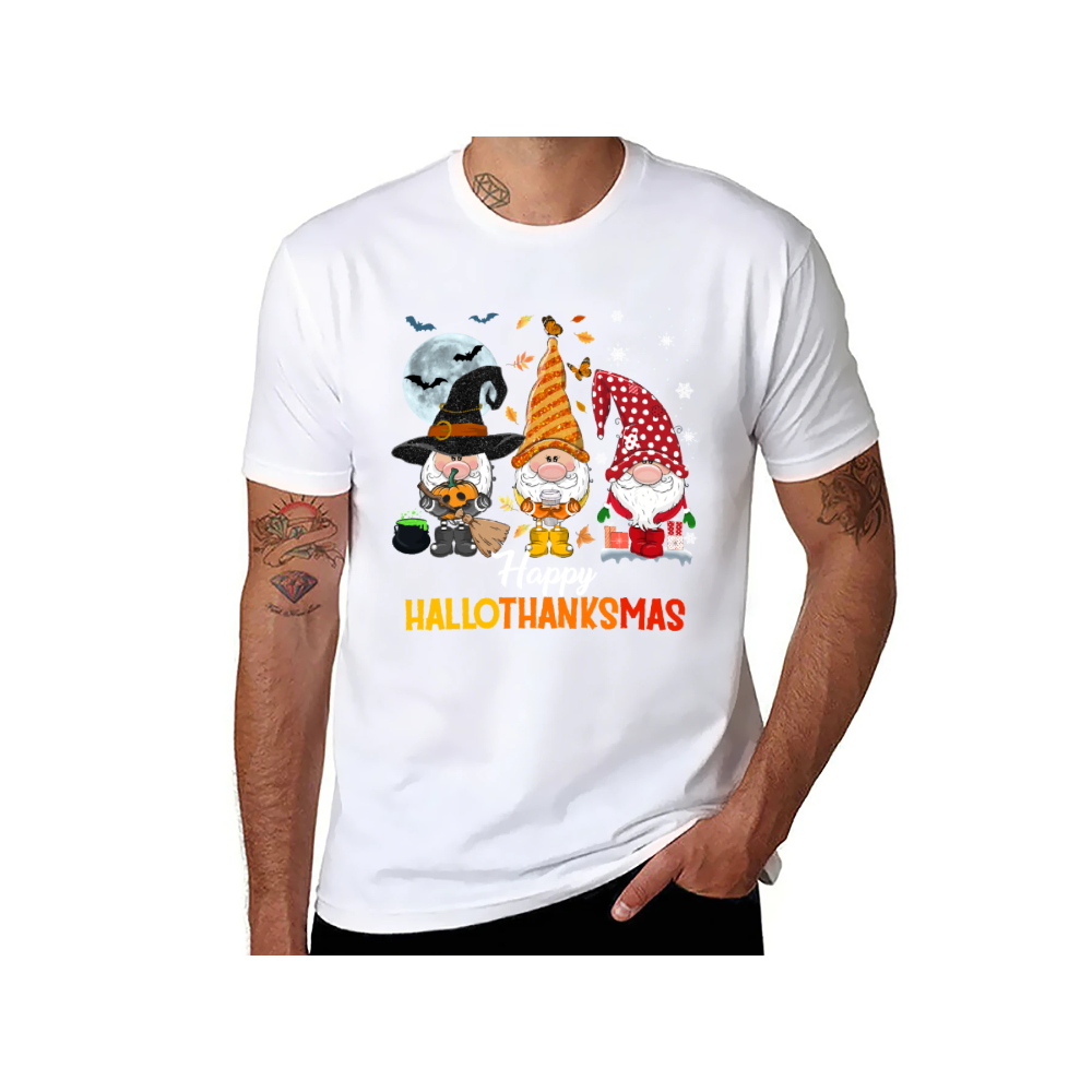 Happy HalloThanksMas Gnomes Graphic T-Shirt | 100% Cotton, Versatile for Multiple Occasions