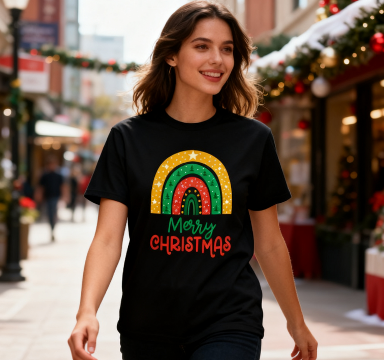 Merry Christmas Rainbow Graphic T-Shirt - 100% Cotton, Festive Tee for Holiday Celebrations & Casual Daily Wear