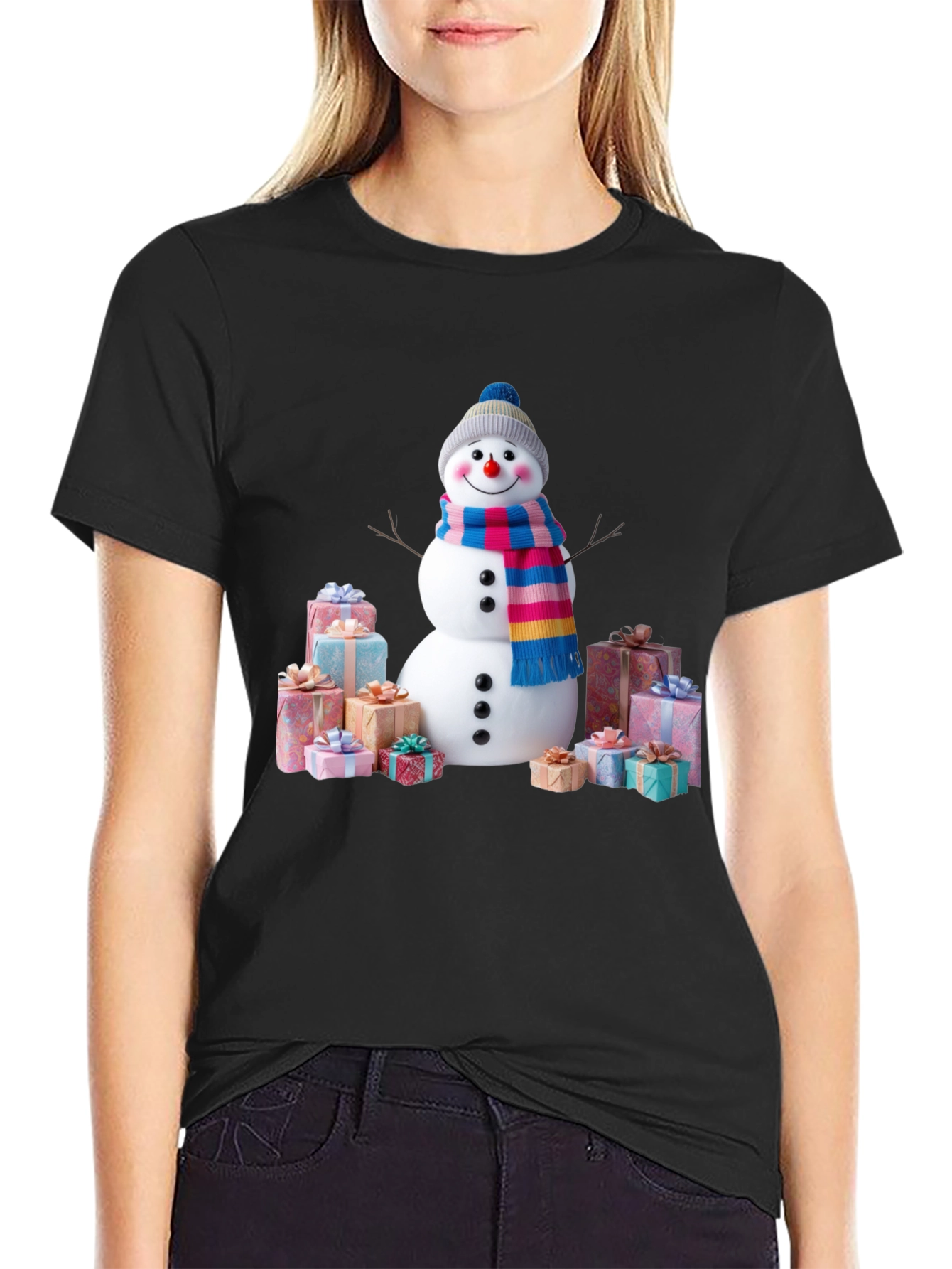 Festive Snowman & Gifts Graphic Tee - Holiday Cheer!