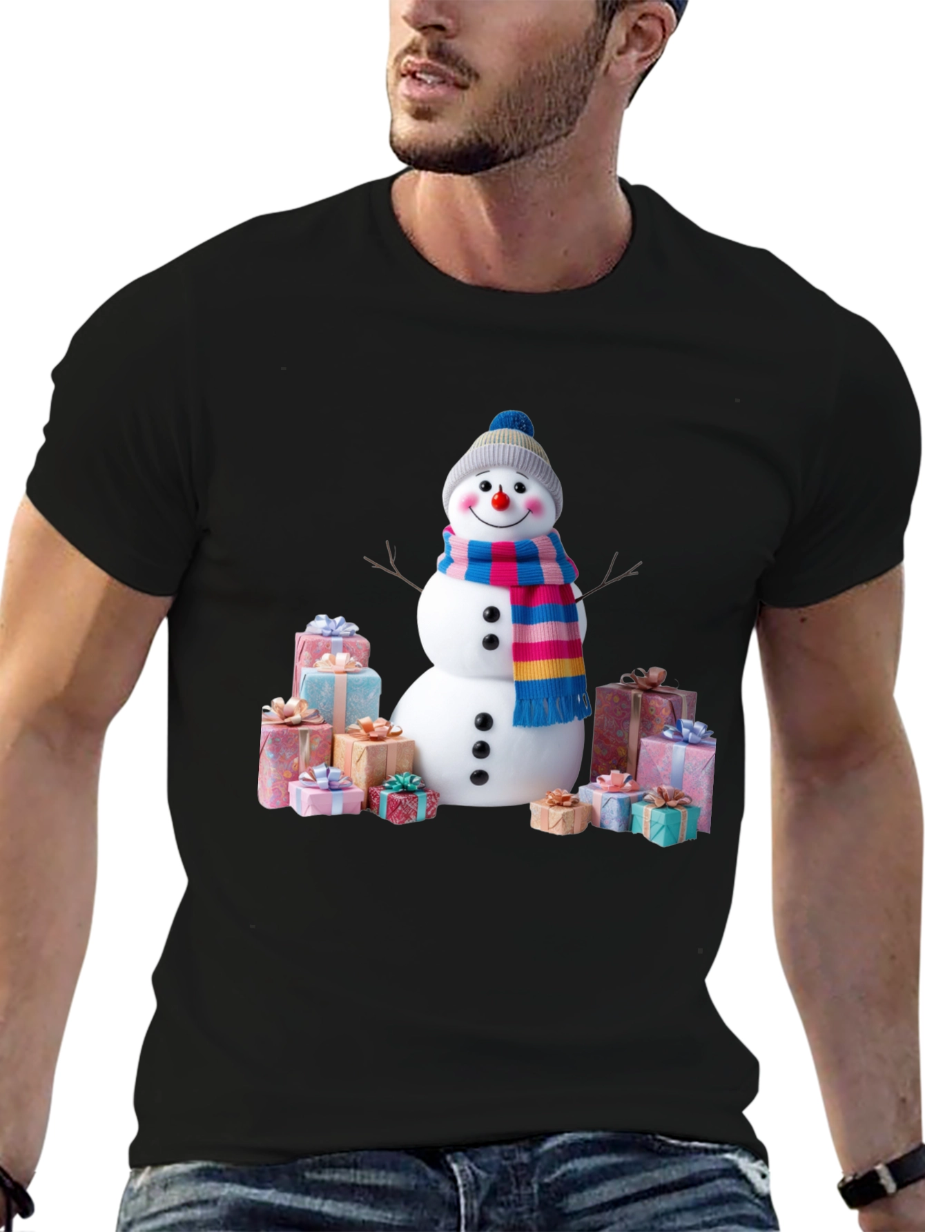 Festive Snowman & Gifts Graphic Tee - Holiday Cheer!