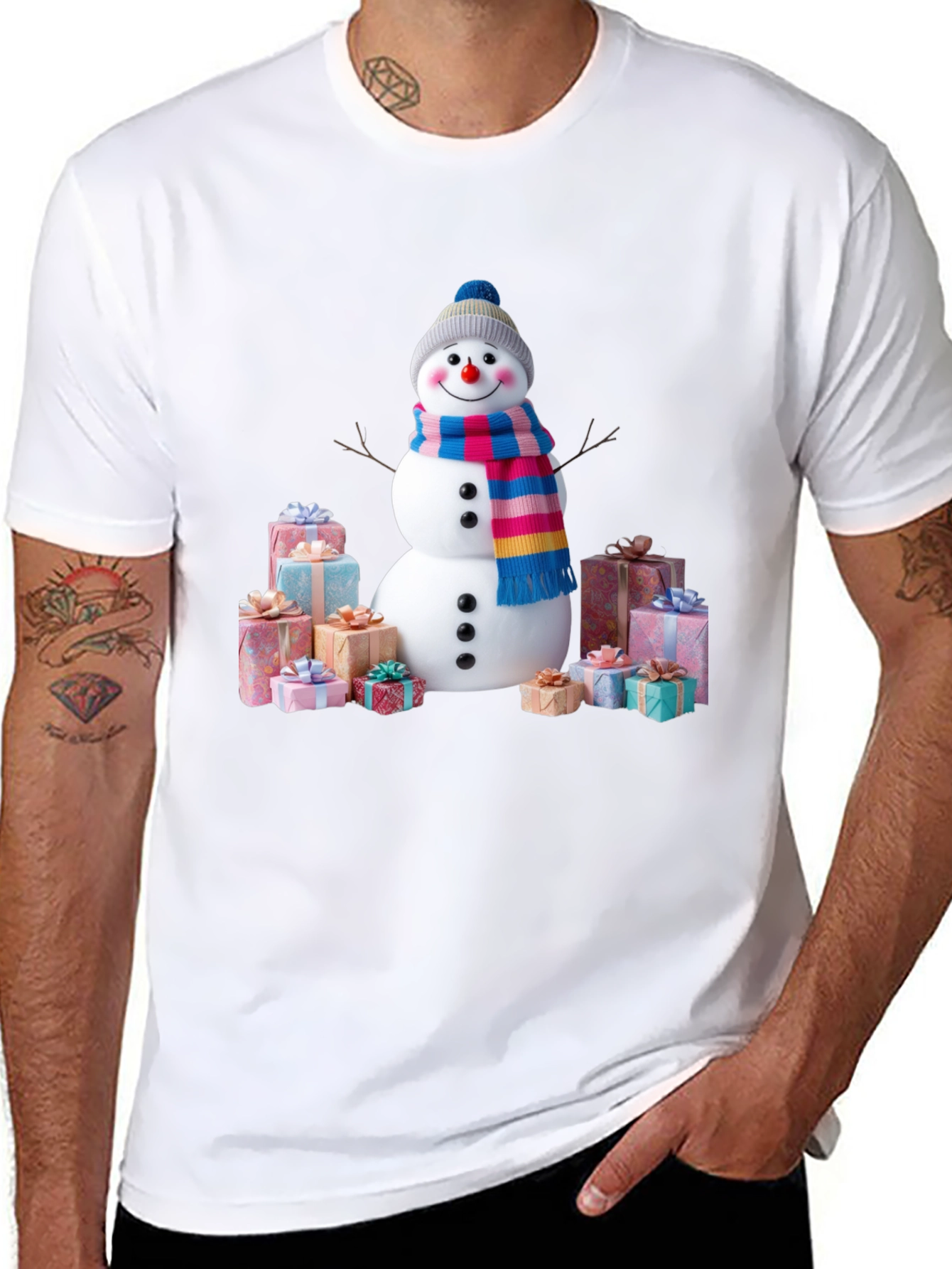 Festive Snowman & Gifts Graphic Tee - Holiday Cheer!