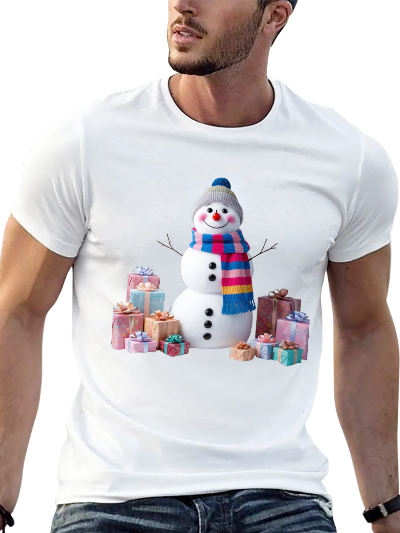 Festive Snowman & Gifts Graphic Tee - Holiday Cheer!