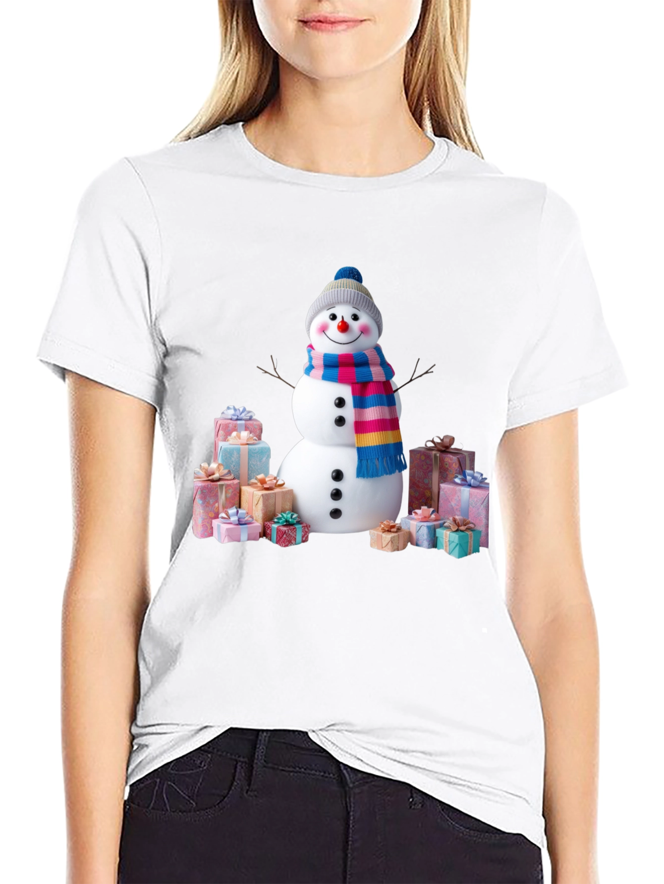Festive Snowman & Gifts Graphic Tee - Holiday Cheer!