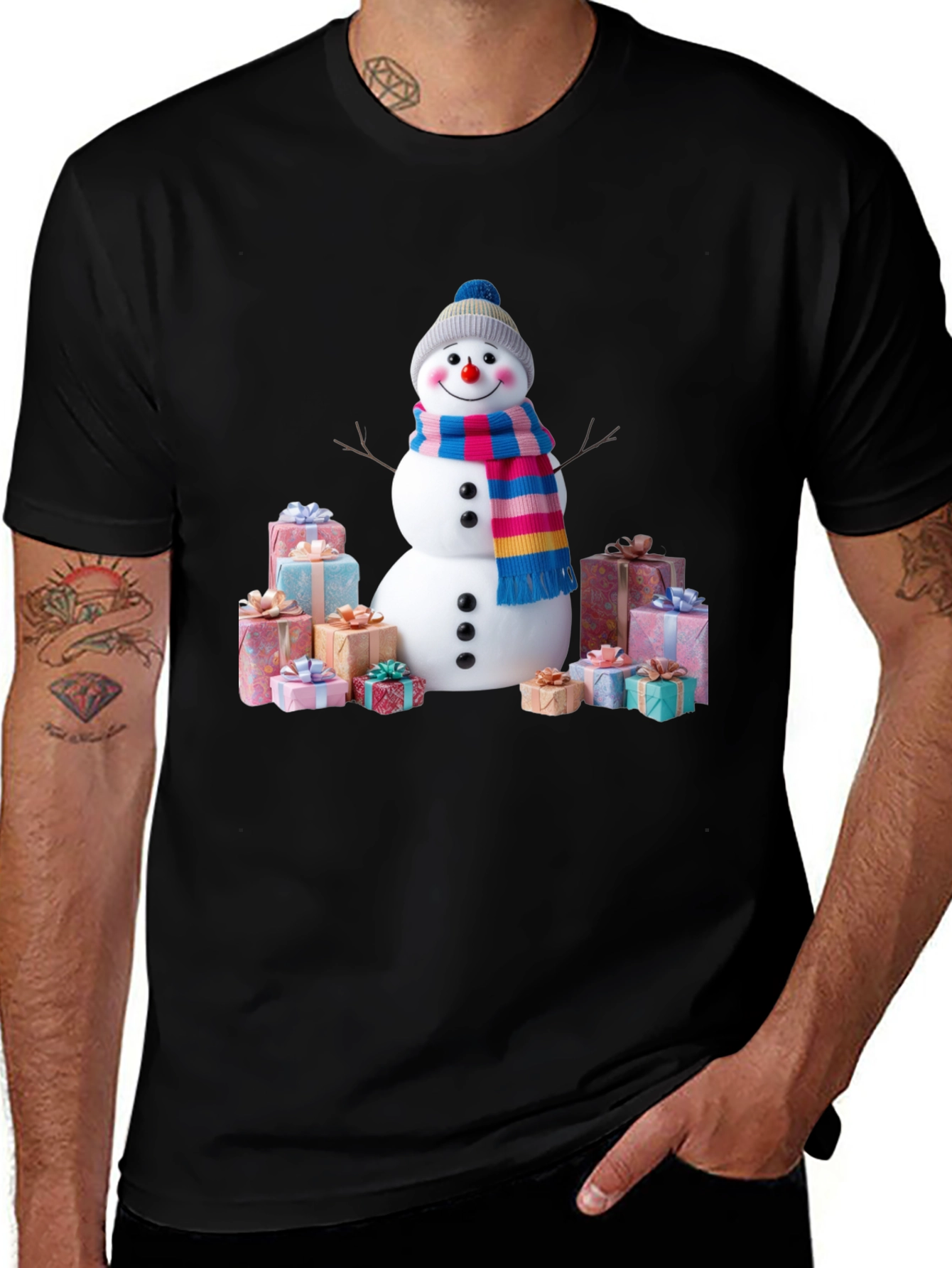 Festive Snowman & Gifts Graphic Tee - Holiday Cheer!