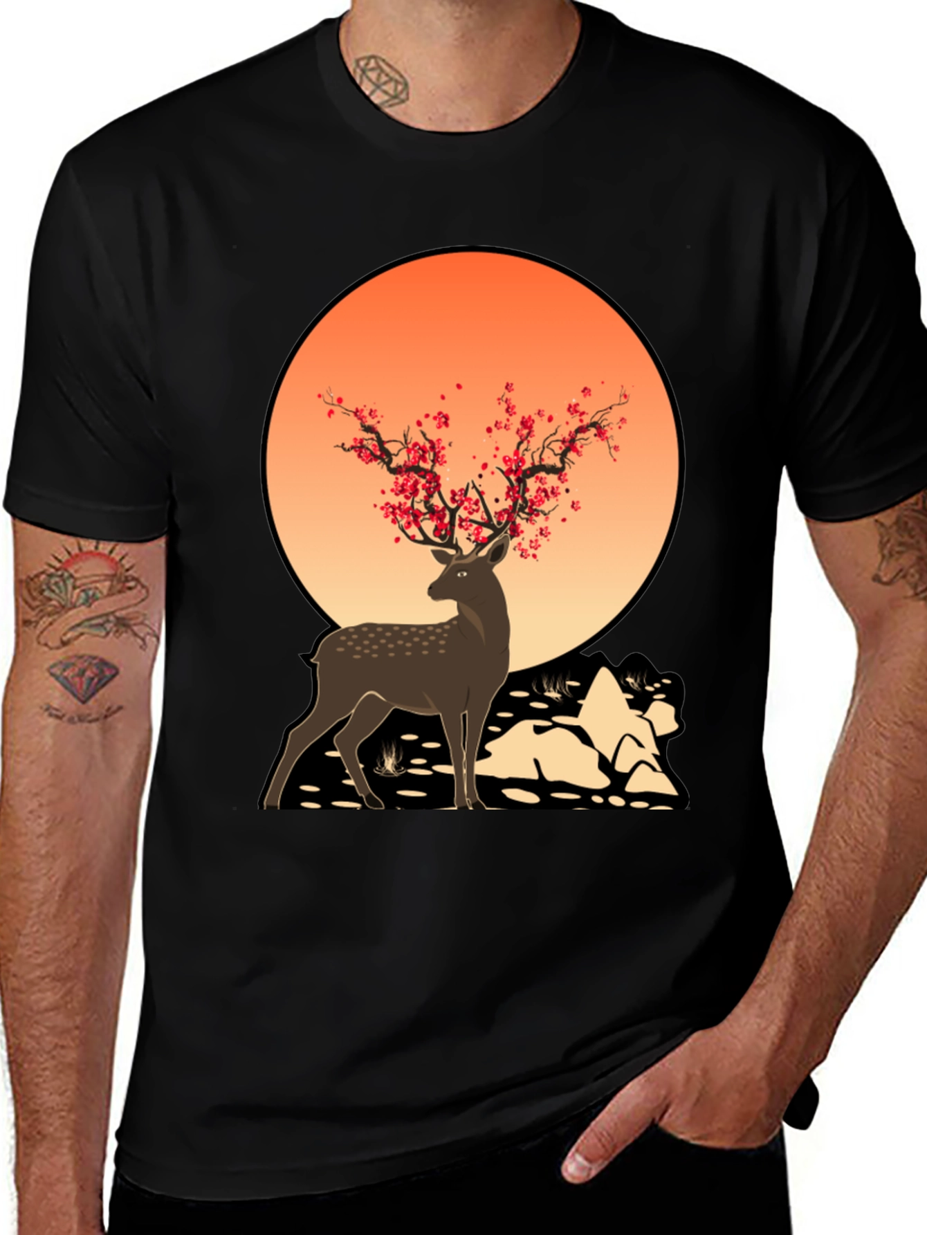 Deer Blossom Graphic Tee - Black Casual Shirt