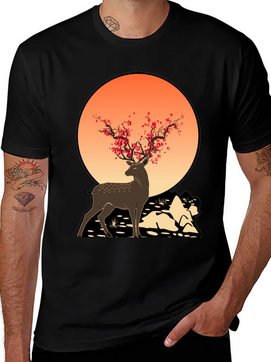 Deer Blossom Graphic Tee - Black Casual Shirt