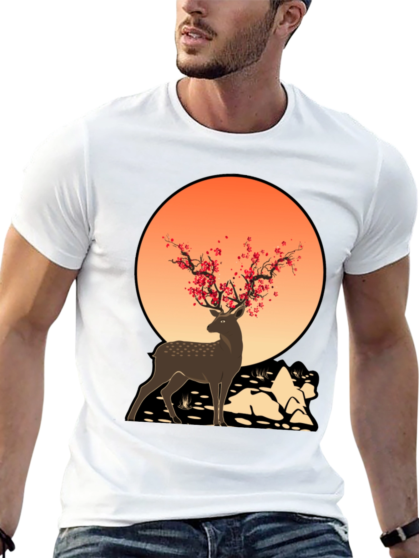 Deer Blossom Graphic Tee - Black Casual Shirt