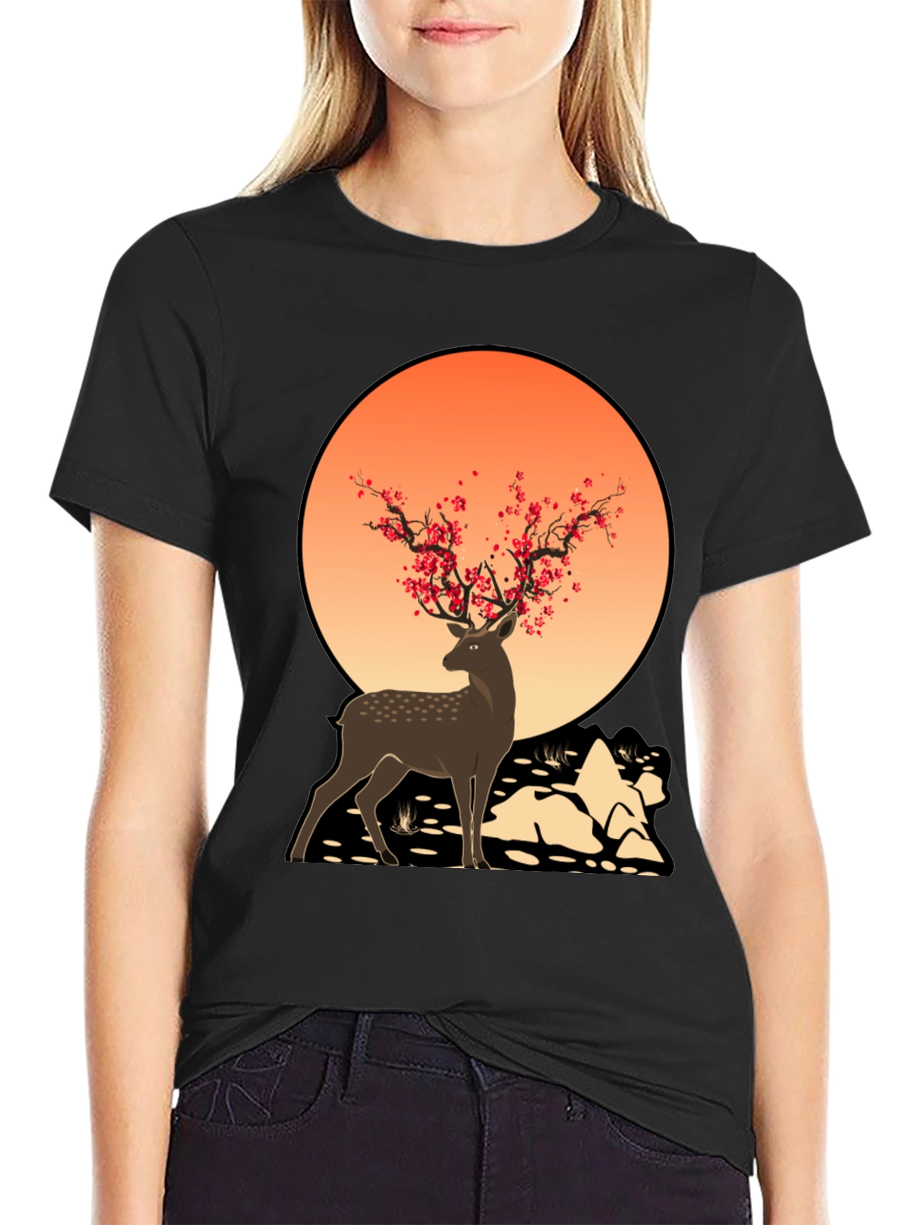 Deer Blossom Graphic Tee - Black Casual Shirt