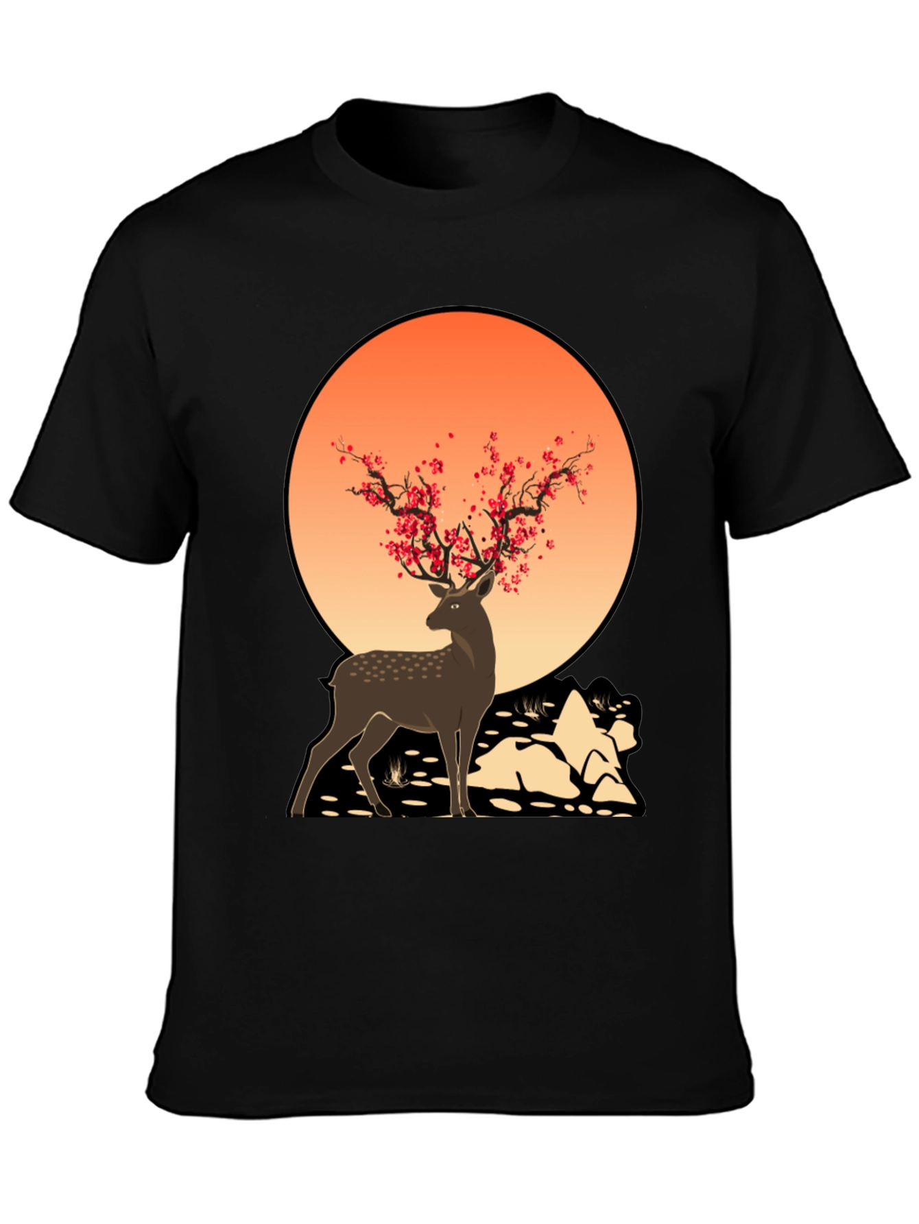 Deer Blossom Graphic Tee - Black Casual Shirt