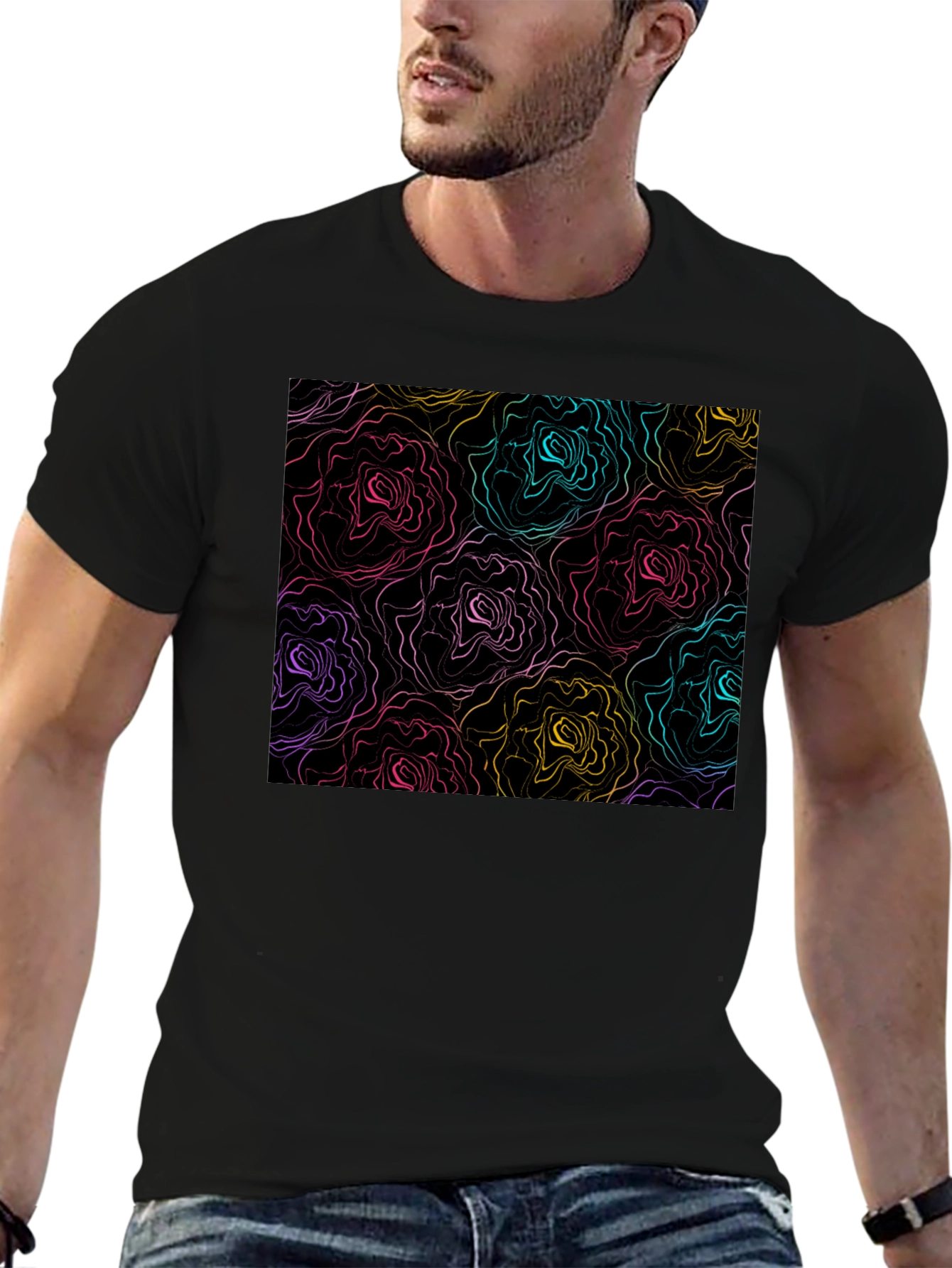 Abstract Floral Print Black T-Shirt
