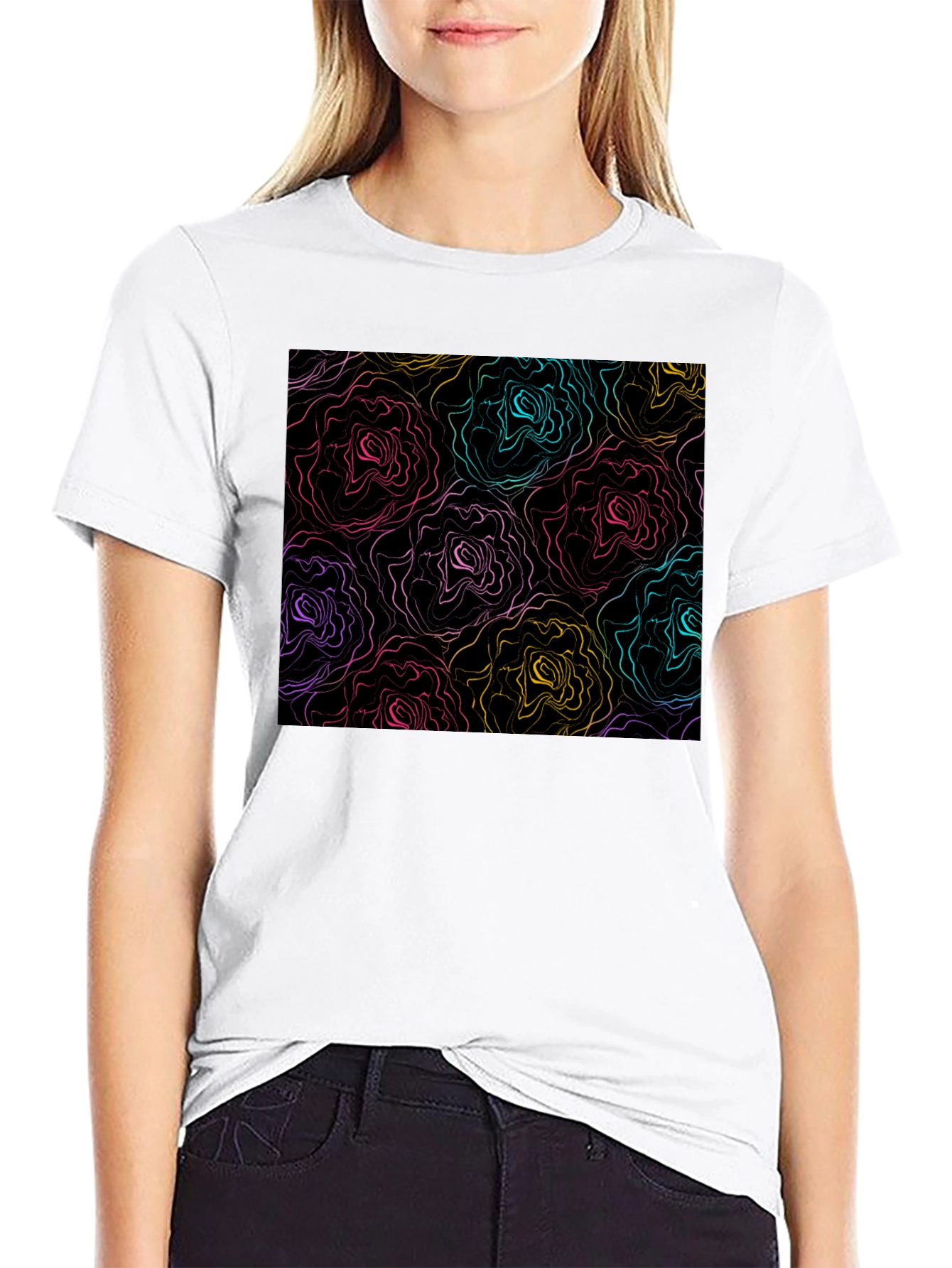 Abstract Floral Print Black T-Shirt