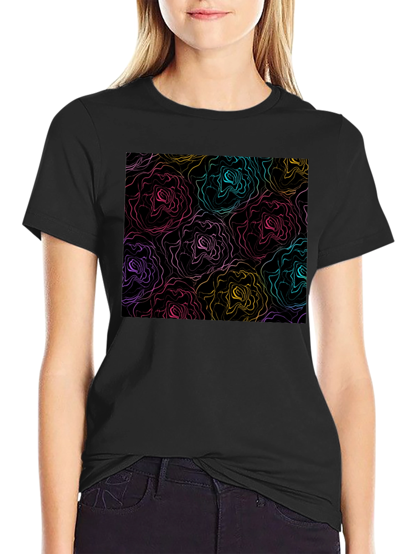 Abstract Floral Print Black T-Shirt