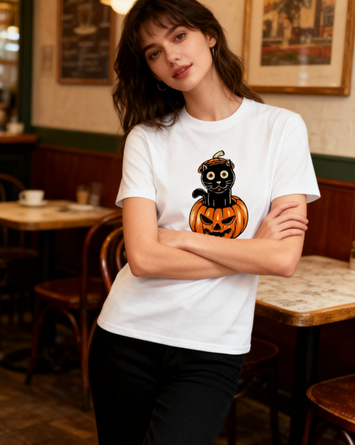Halloween Black Cat Pumpkin 100% Cotton T-Shirt - Unisex Spooky Season Tee for All Occasions
