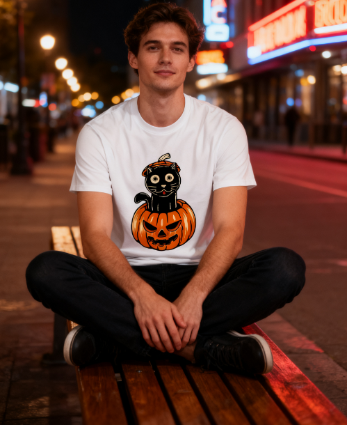 Halloween Black Cat Pumpkin 100% Cotton T-Shirt - Unisex Spooky Season Tee for All Occasions