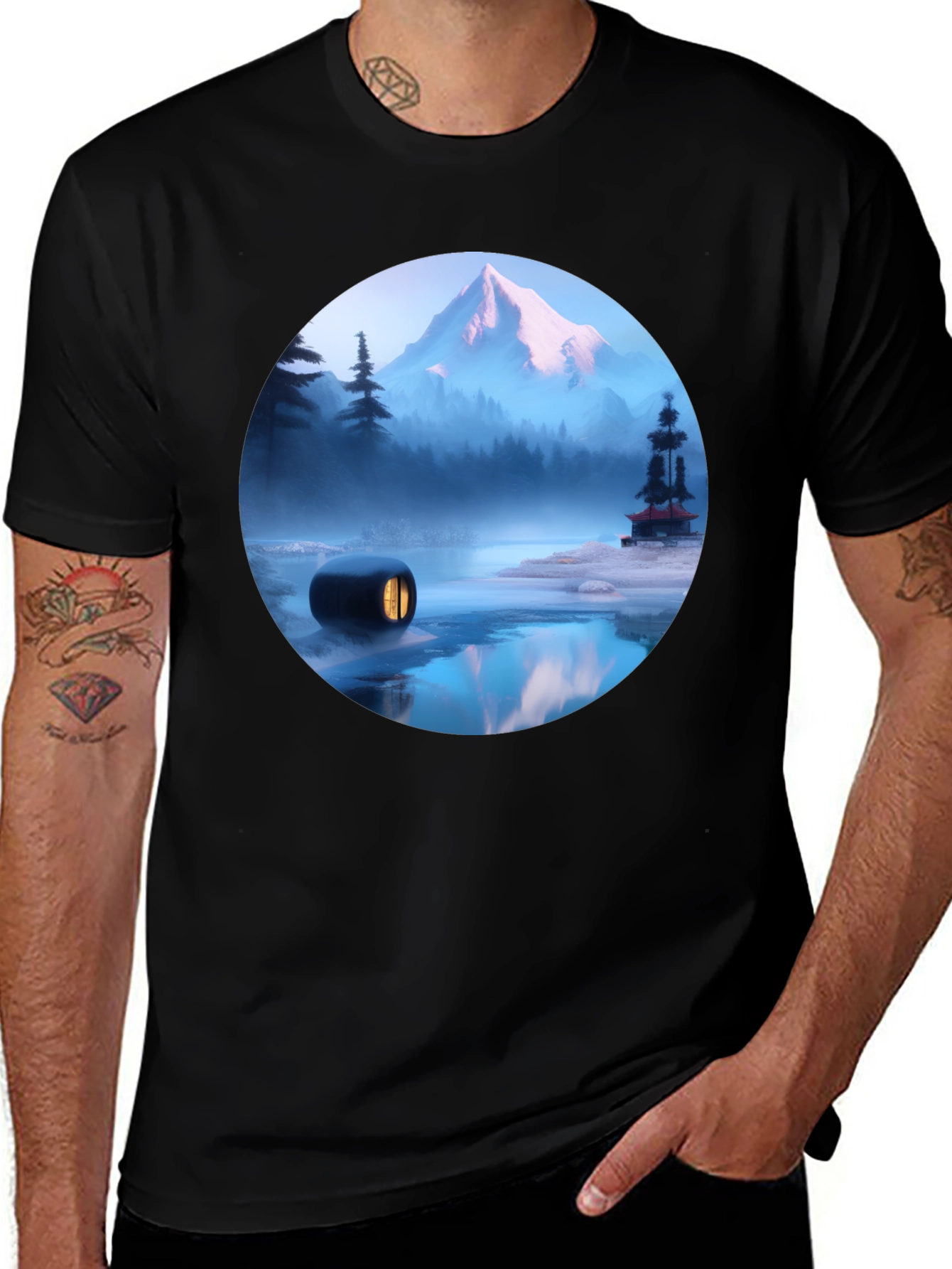 Mystic Mountain Scene Black T-Shirt
