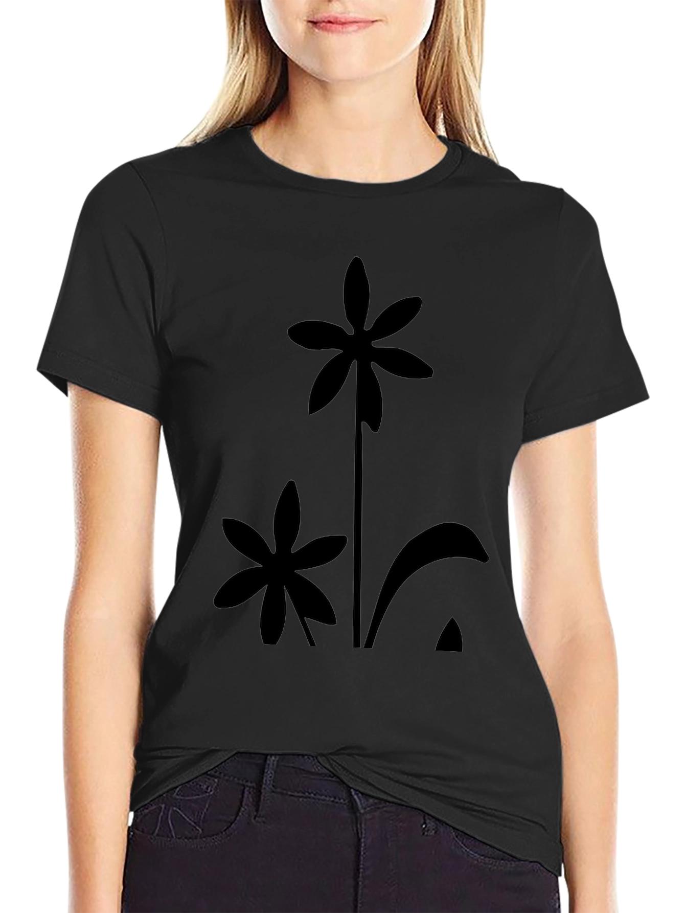Minimalist Flower Print Black T-Shirt