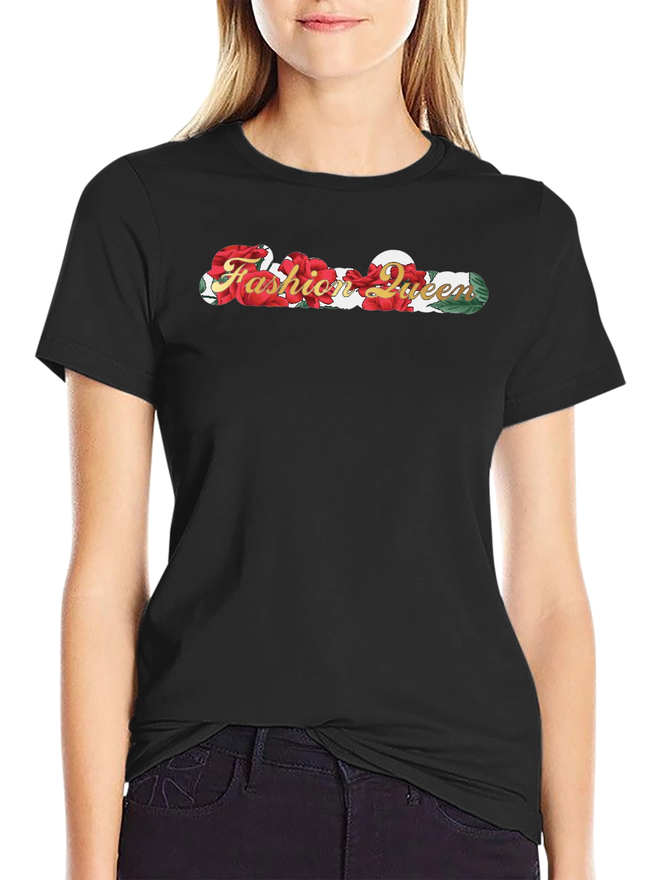 Fashion Queen Rose Graphic Black T-Shirt