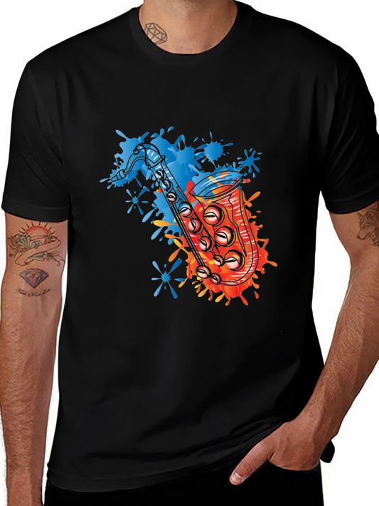 Mens Black T-Shirt with Colorful Saxophone Graphic