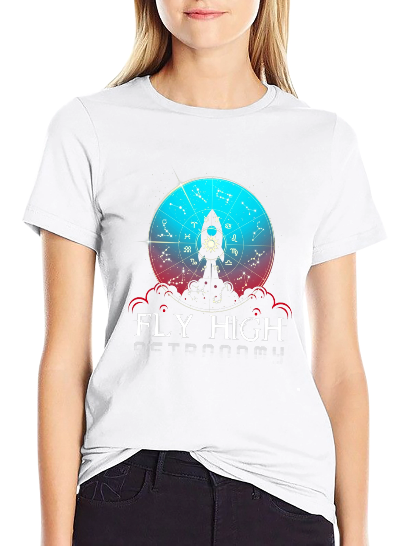 Fly High Astronomy T-Shirt - Zodiac Rocket Design