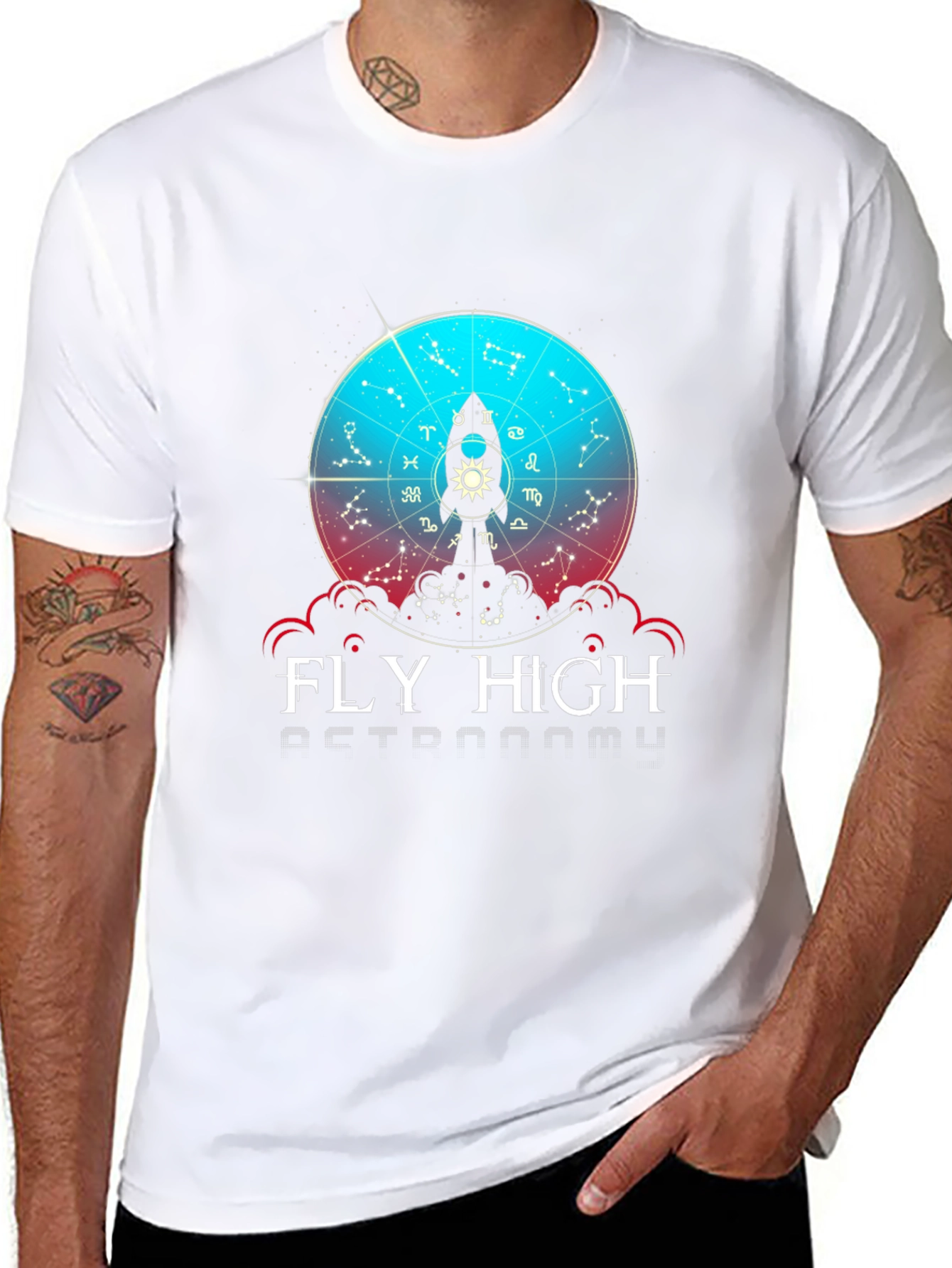 Fly High Astronomy T-Shirt - Zodiac Rocket Design