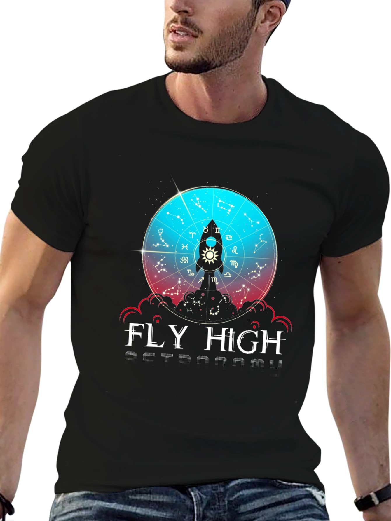 Fly High Astronomy T-Shirt - Zodiac Rocket Design