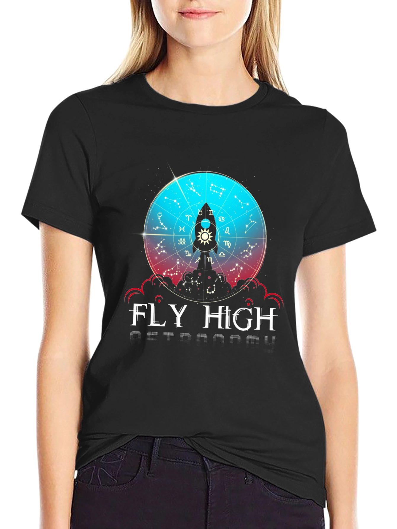 Fly High Astronomy T-Shirt - Zodiac Rocket Design