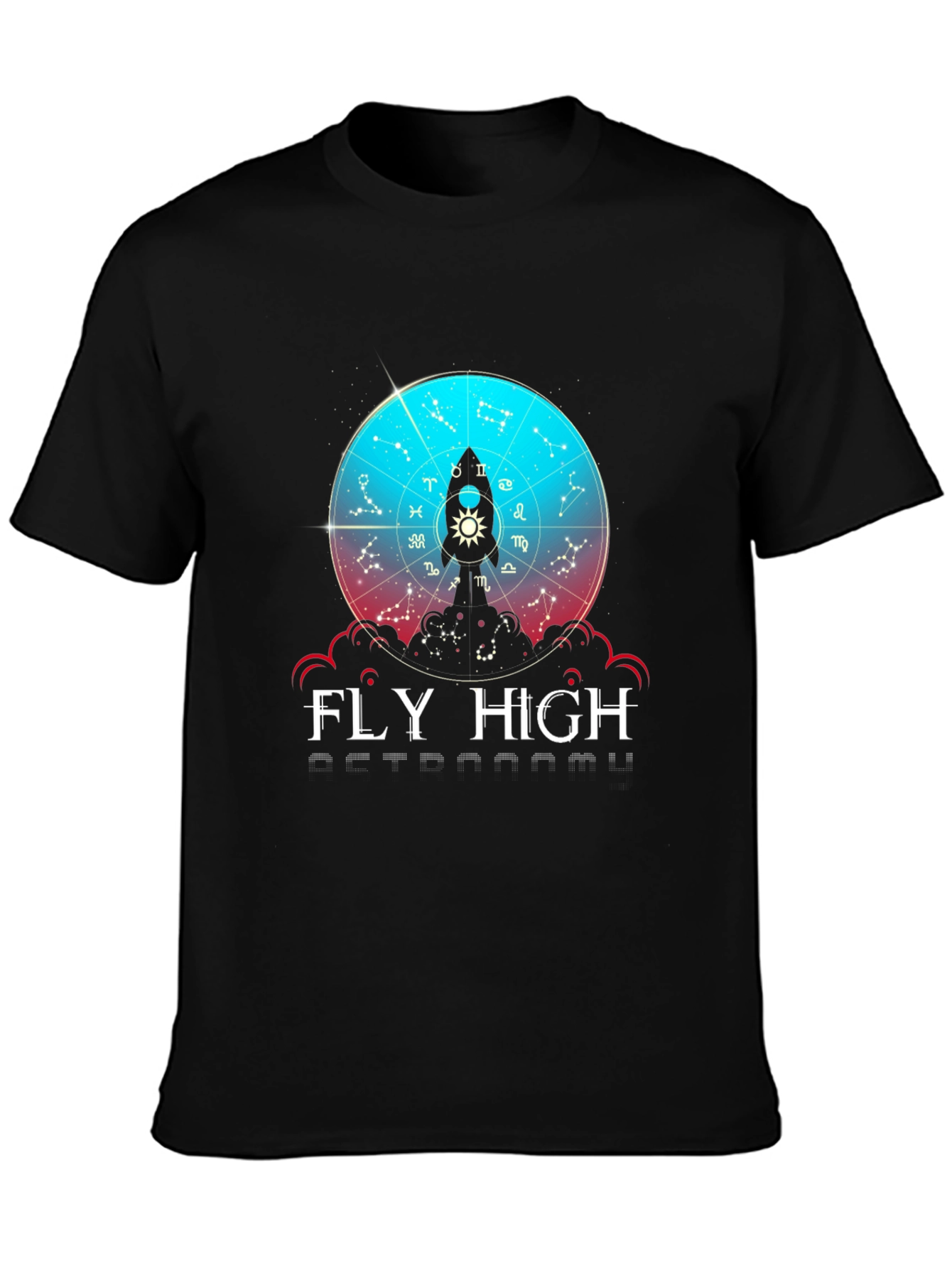 Fly High Astronomy T-Shirt - Zodiac Rocket Design