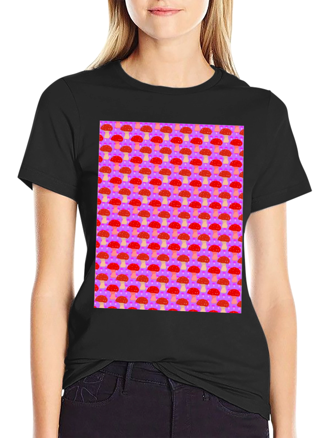 Mushroom Pattern Graphic Tee - Black