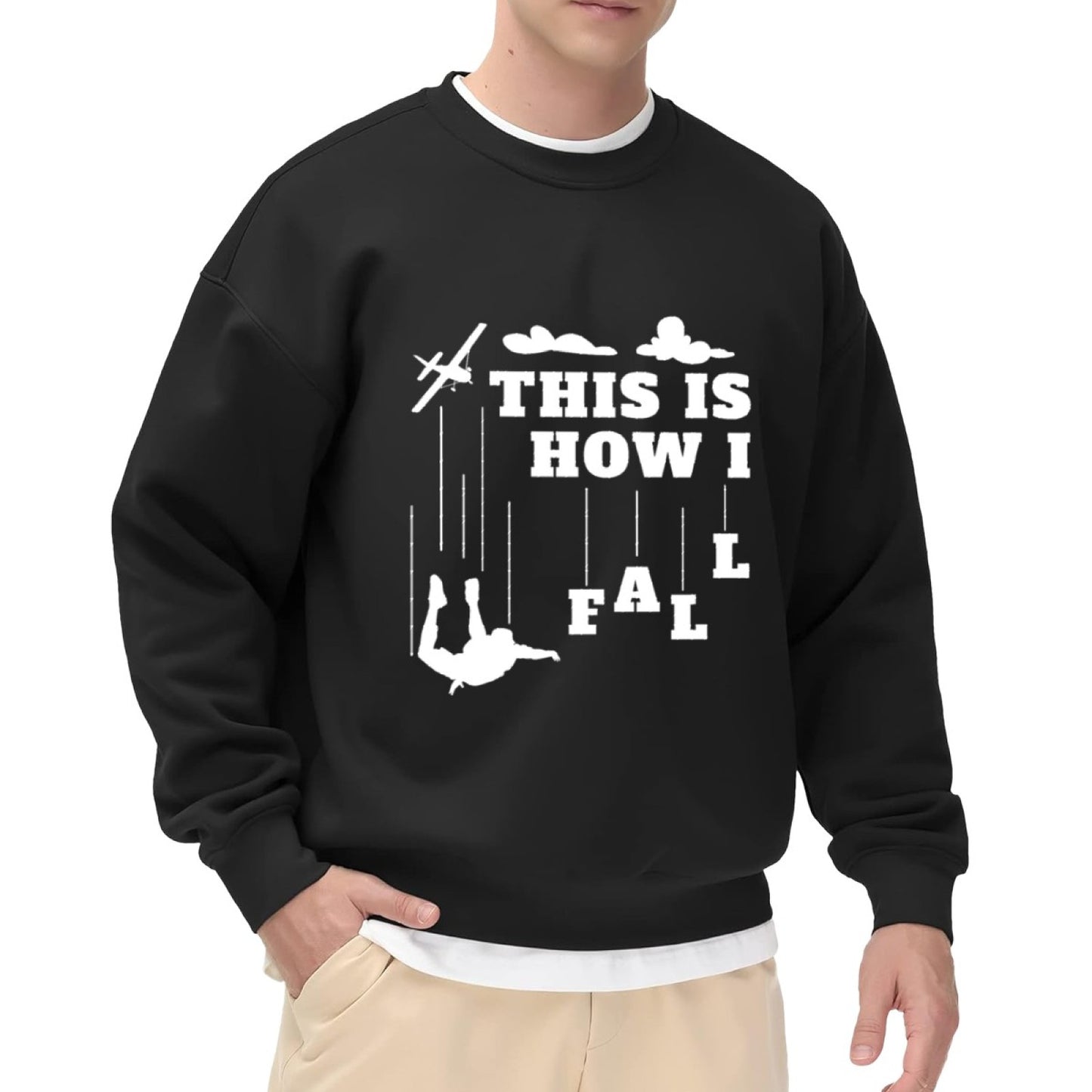 Heathered Gray "This Is How I Fall" Skydiving Graphic Crewneck Sweatshirt - Oversized Casual Pullover for Men, Funny Adventure Print Long-Sleeve Top