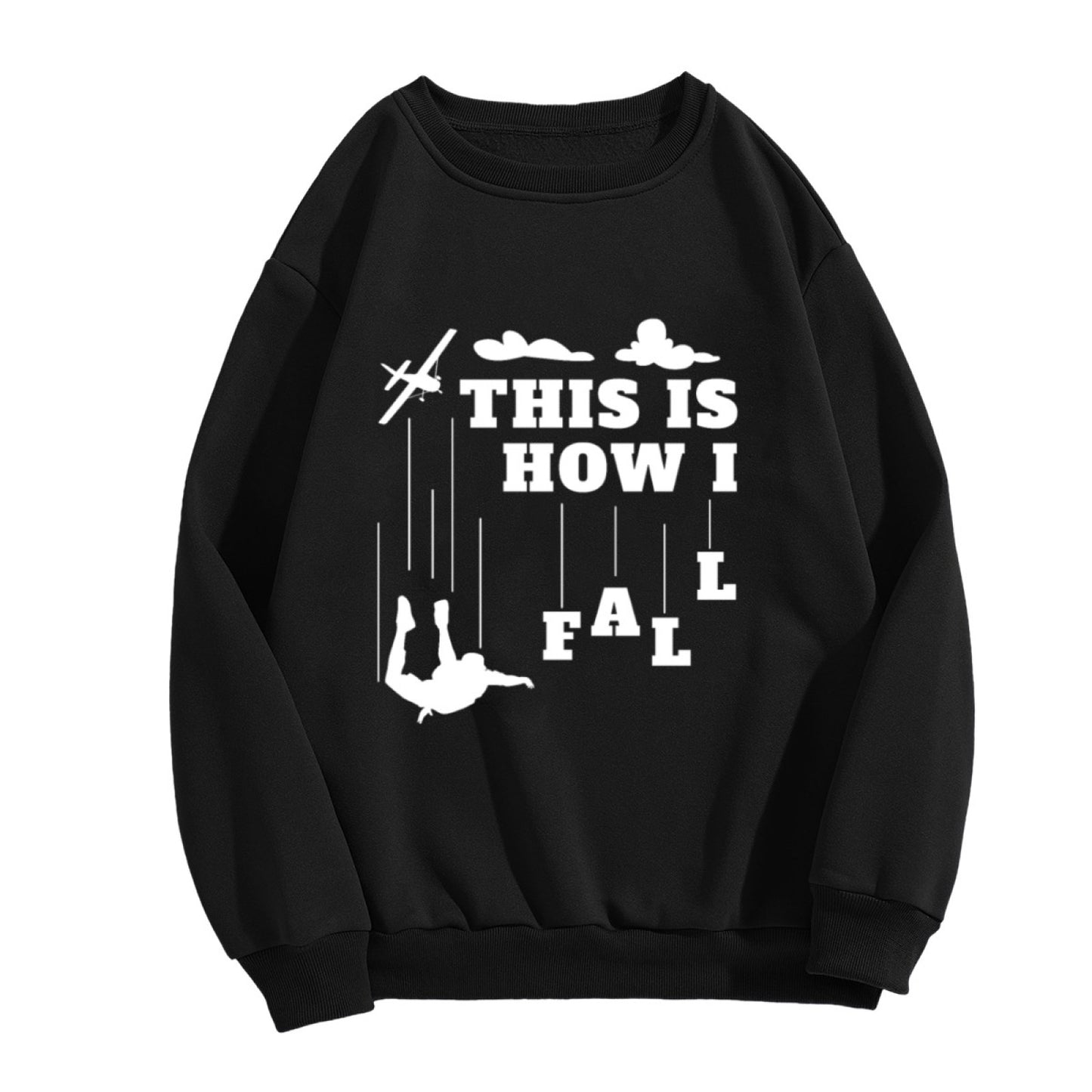 Heathered Gray "This Is How I Fall" Skydiving Graphic Crewneck Sweatshirt - Oversized Casual Pullover for Men, Funny Adventure Print Long-Sleeve Top