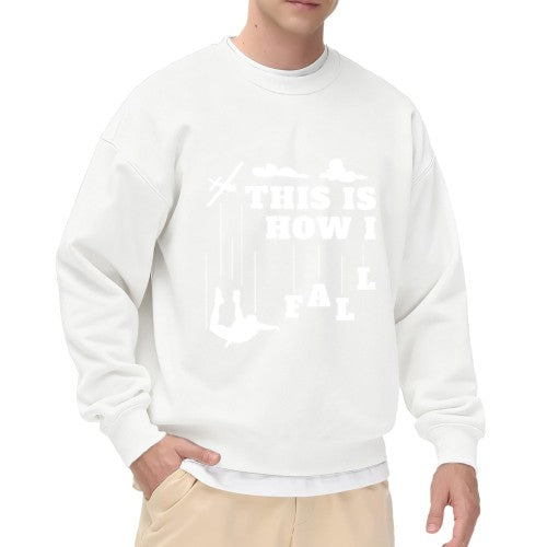 Heathered Gray "This Is How I Fall" Skydiving Graphic Crewneck Sweatshirt - Oversized Casual Pullover for Men, Funny Adventure Print Long-Sleeve Top