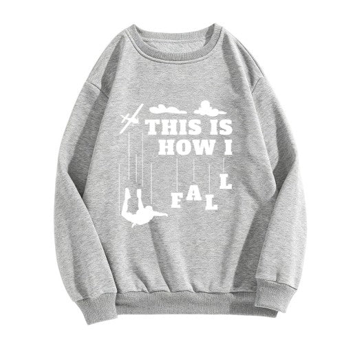 Heathered Gray "This Is How I Fall" Skydiving Graphic Crewneck Sweatshirt - Oversized Casual Pullover for Men, Funny Adventure Print Long-Sleeve Top