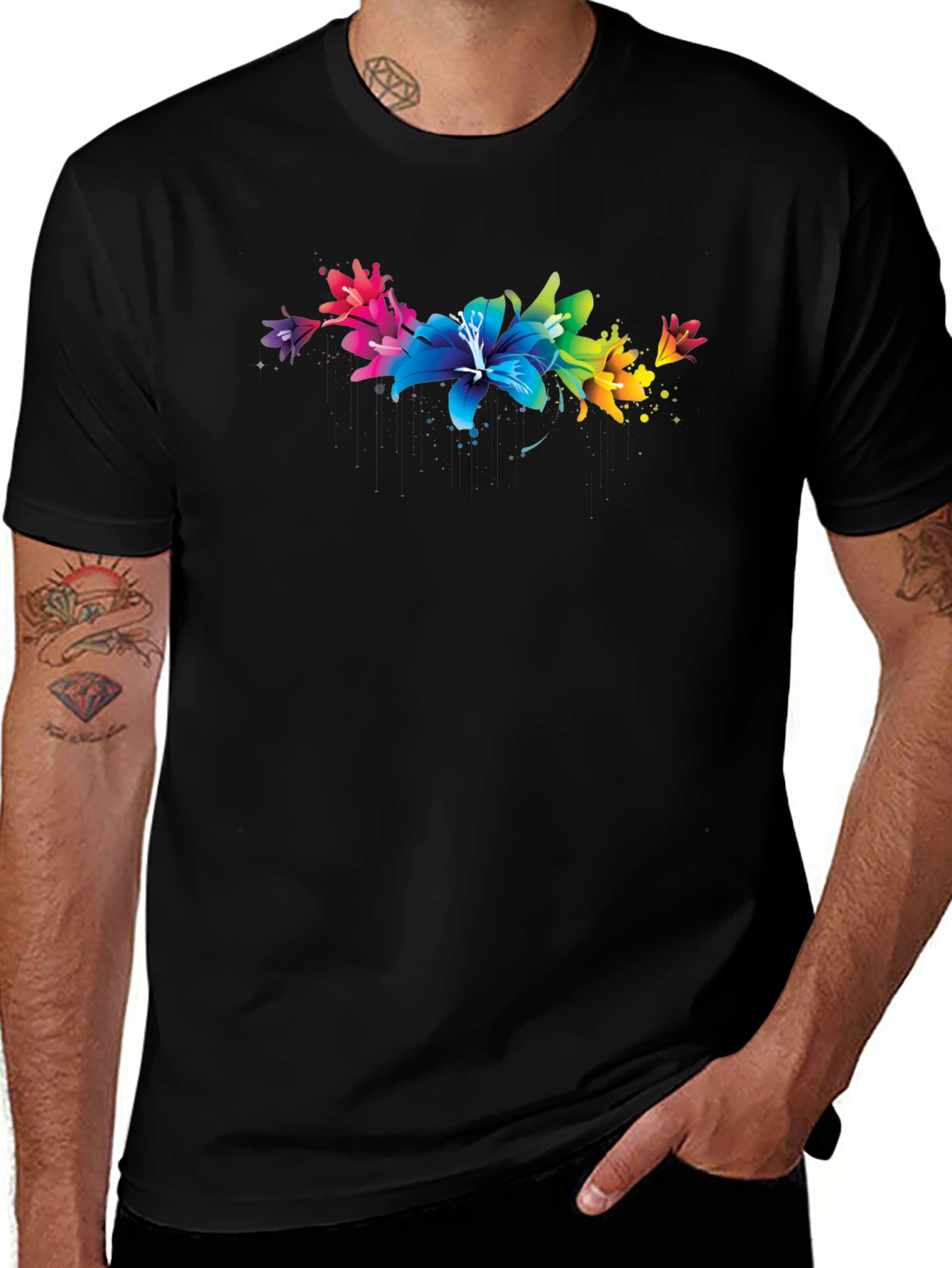 Vibrant Floral Lily Graphic Black T-Shirt