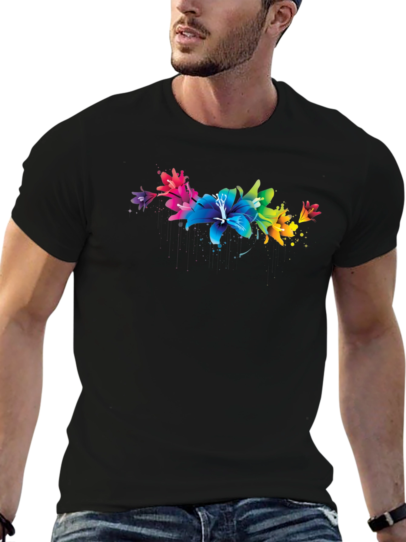 Vibrant Floral Lily Graphic Black T-Shirt