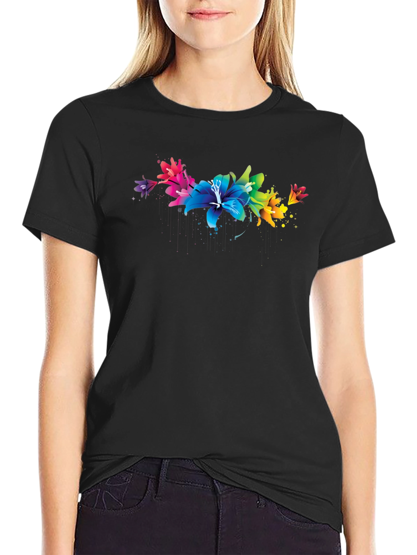 Vibrant Floral Lily Graphic Black T-Shirt