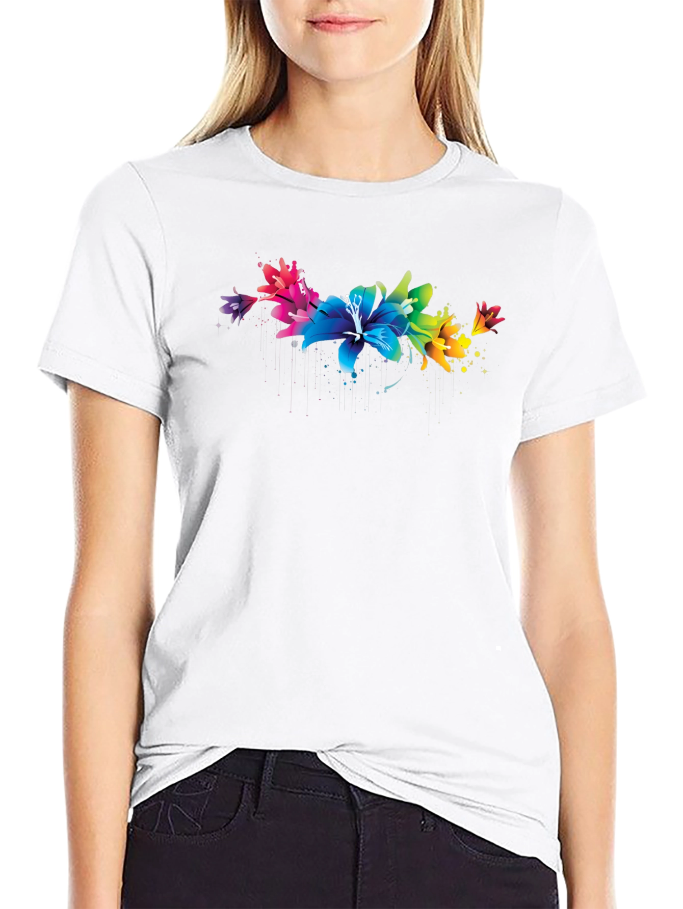 Vibrant Floral Lily Graphic Black T-Shirt