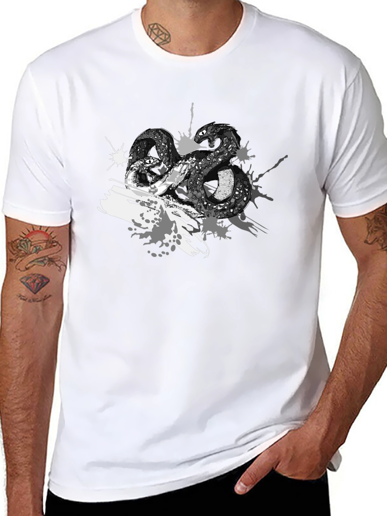 Mens Black T-Shirt with Snake Print
