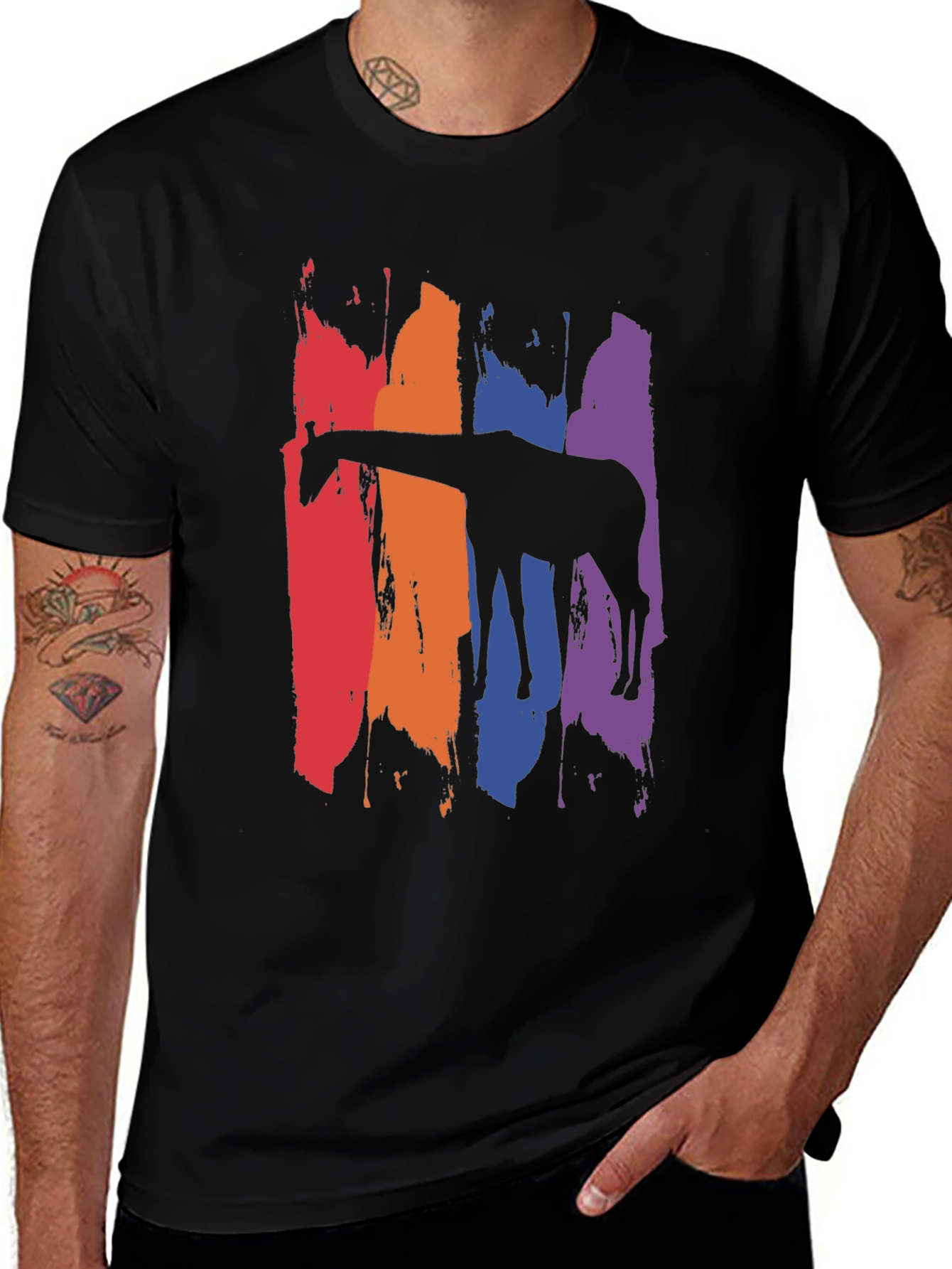 Rainbow Giraffe Graphic Tee - Mens Black T-Shirt